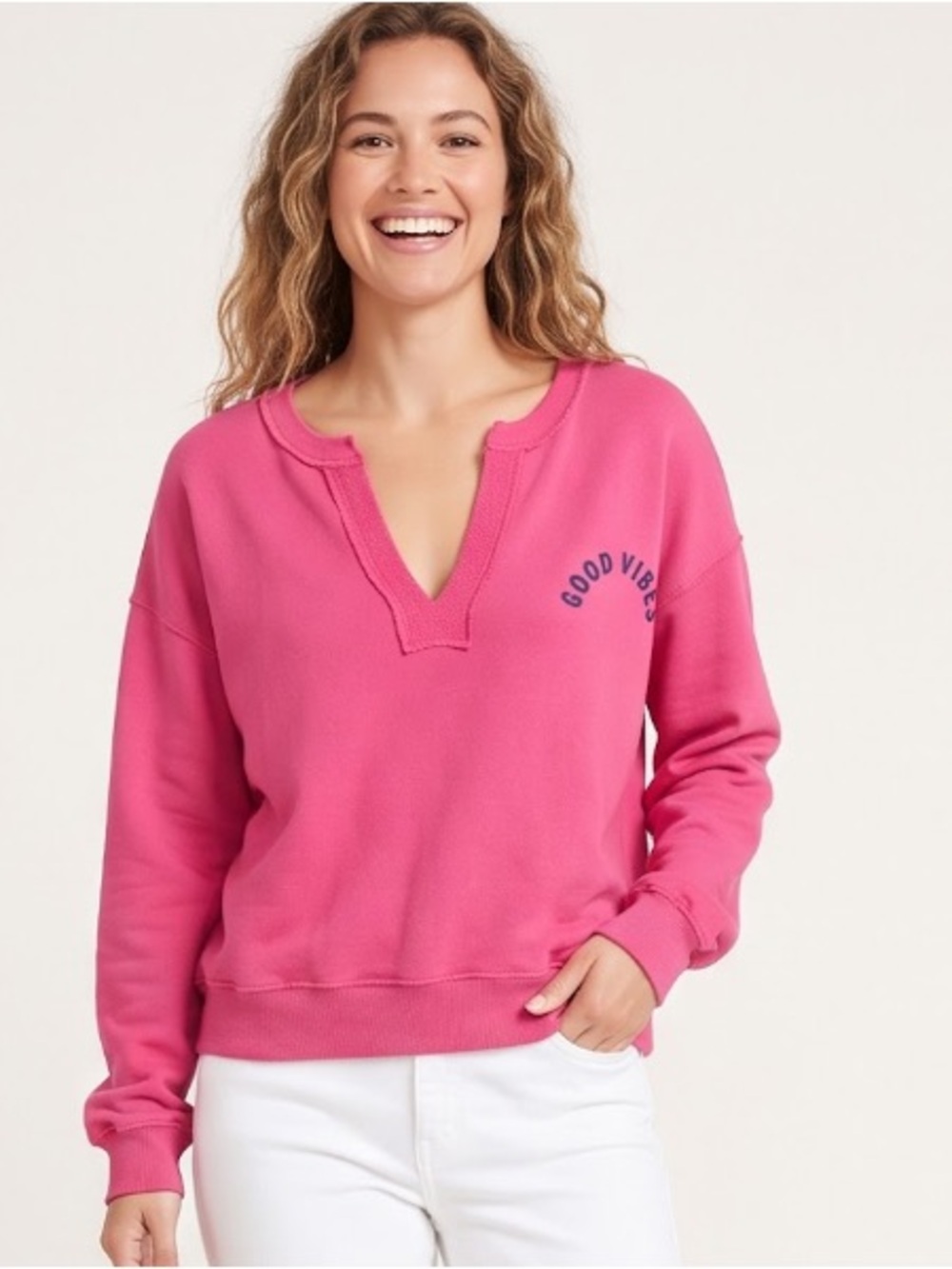 Sundry Pink V-Neck Notch Pullover with 'Good Vibes' Accent
